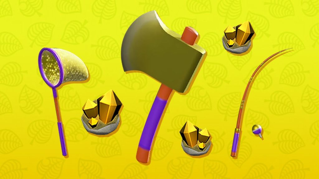 La hache dorée, la canne à pêche en or et le filet doré d'Animal Crossing New Horizons