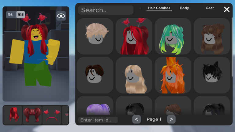 Une partie des options de personnalisation d'avatar dans Roblox 