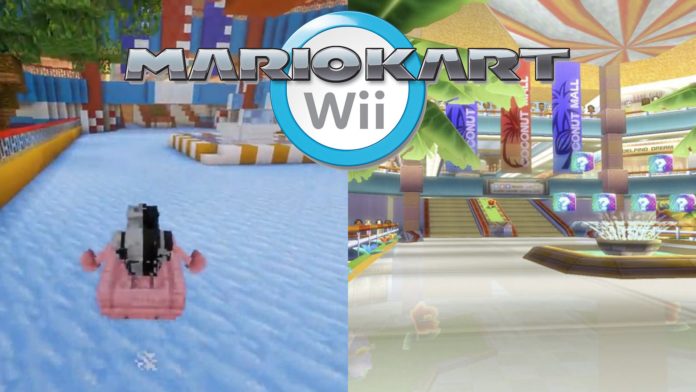Un joueur recrée le Coconut Centre, l'un des circuits de Mario Kart Wii, dans Minecraft.