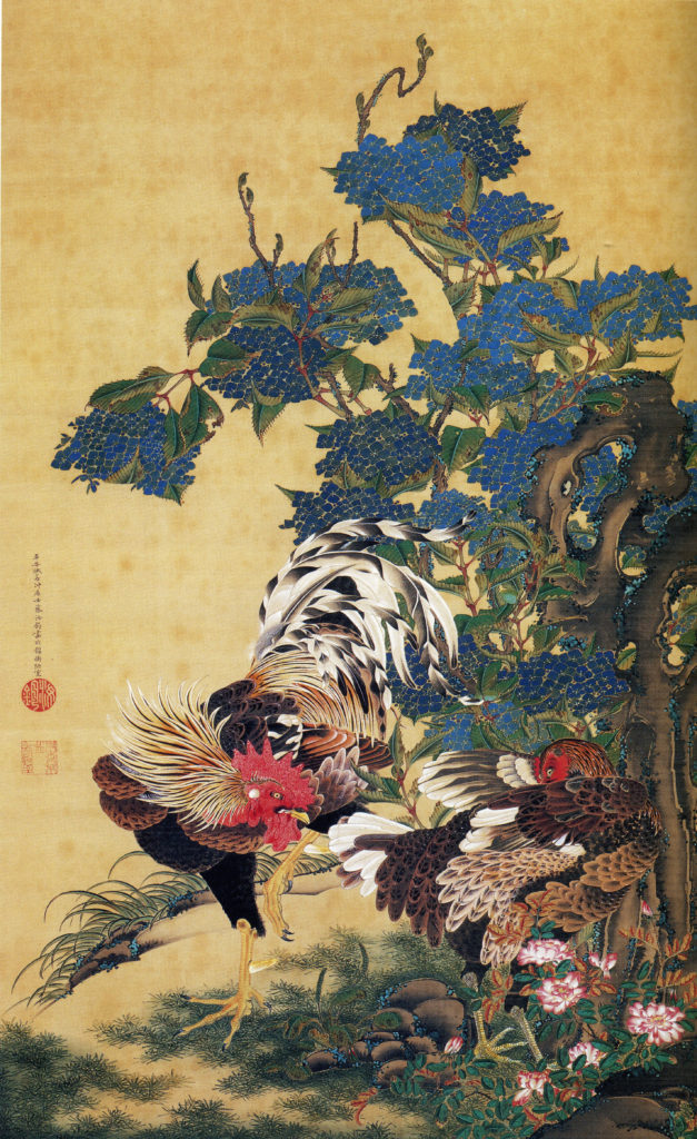 La toile détaillée alias Coq et poule aux hortensias