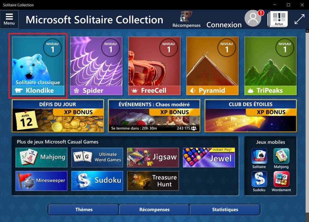 L'écran de sélection de la variante de Solitaire 