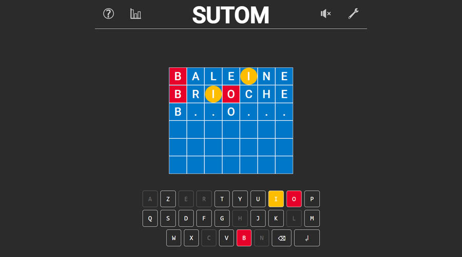Les lettres rouges et jaunes dans une partie de Sutom