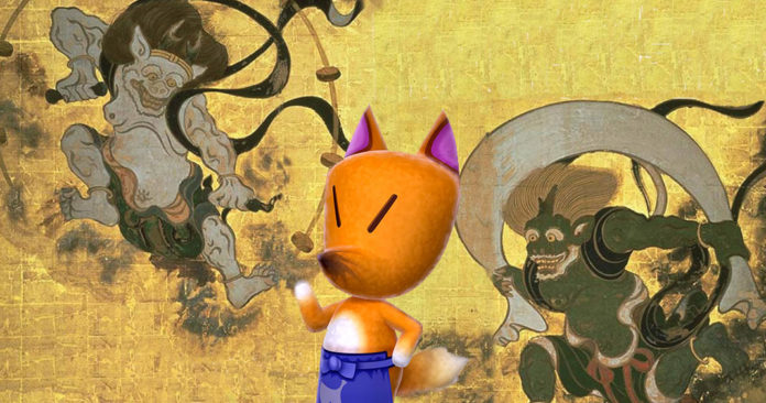 Rounard entre les deux dieux de la toile sauvage dans Animal Crossing New Horizons