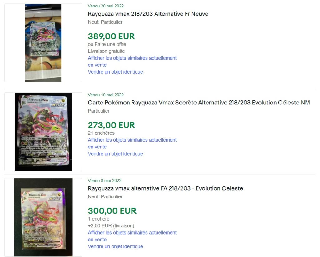 Les prix de vente du Rayquaza Vmax alternatif sur eBay
