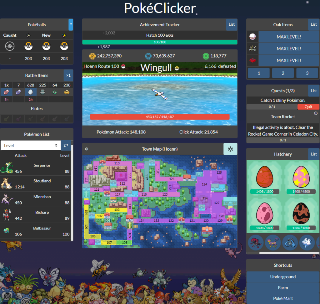 L'interface de jeu de Pokéclicker