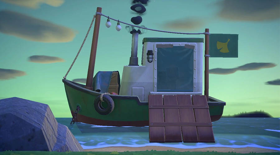 Le bateau de Rounard au petit matin dans Animal Crossing New Horizons