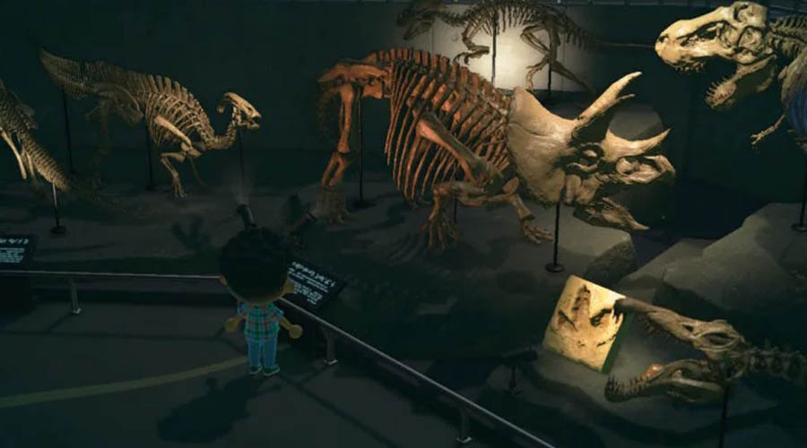Des fossiles et squelettes de dinosaures dans le musée d'Animal Crossing New Horizons