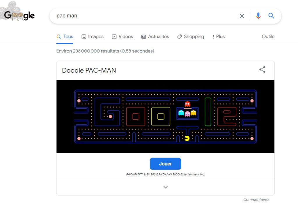 En tapant Pac-man dans Google, vous trouverez une version gratuite du jeu