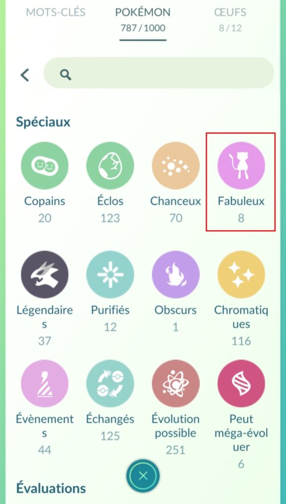 L'outil de recherche et l'onglet "Pokémon Fabuleux" dans Pokémon GO