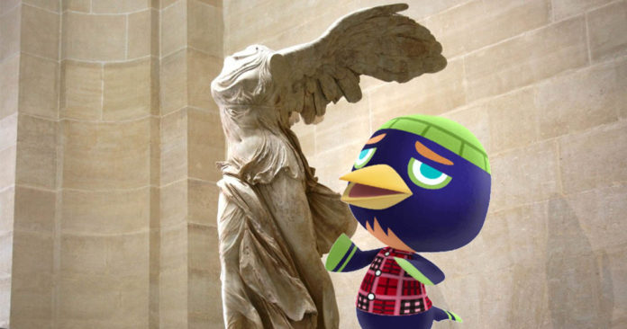 Un personnage d'Animal Crossing New Horizons face à la statue héroïque