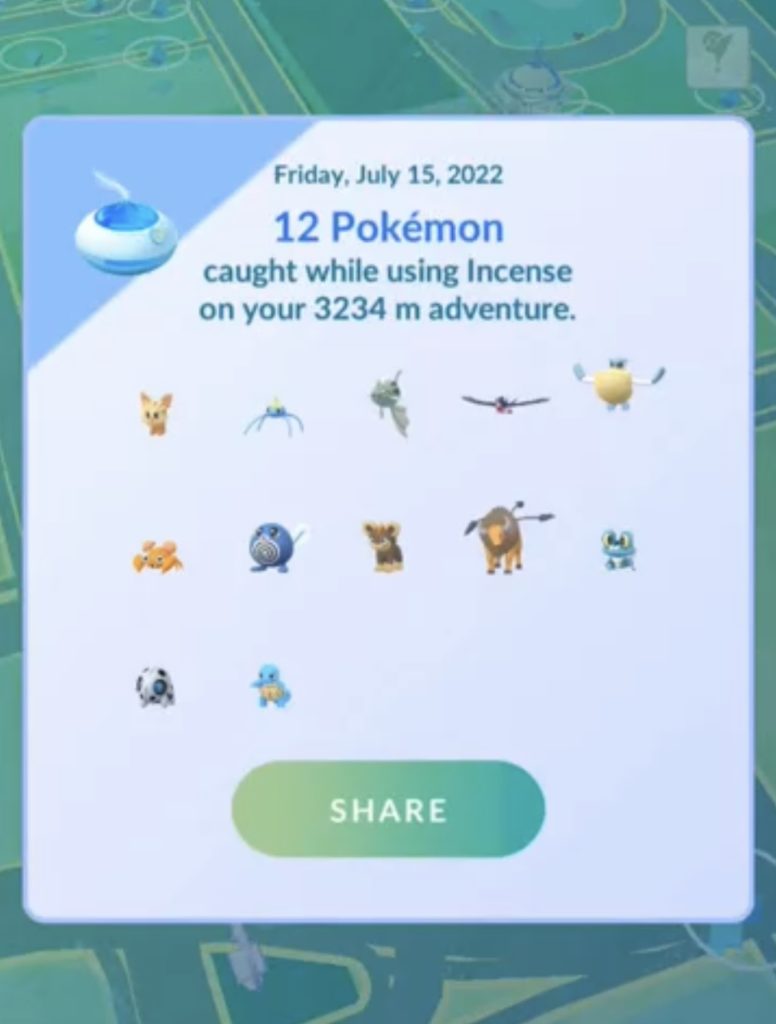Le résumé d'une session d'encens d'aventure quotidienne dans Pokémon GO