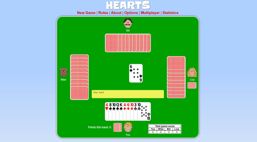 La Dame de Pique ou Hearts sur cardgames.io