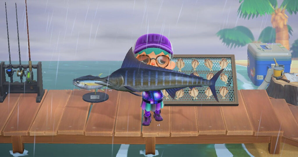 Un villageois ayant pêché un marlin bleu dans Animal Crossing New Horizons