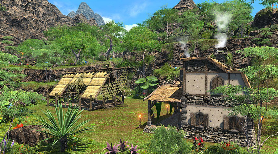 Une partie des bâtiments de votre ile sanctuaire dans Final Fantasy XIV