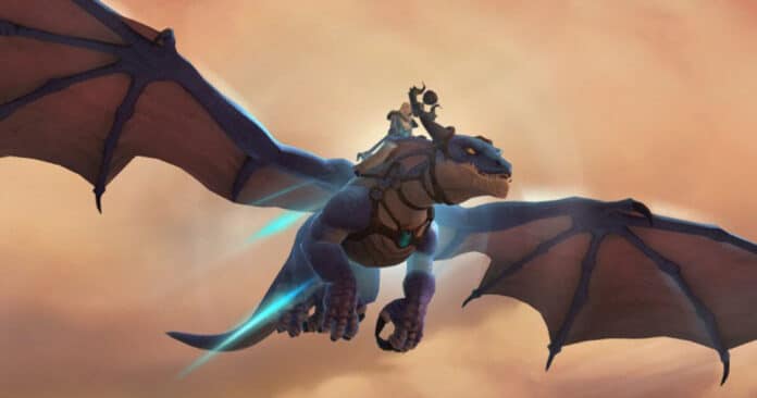 Un héros d'Azeroth faisant du Dragon riding