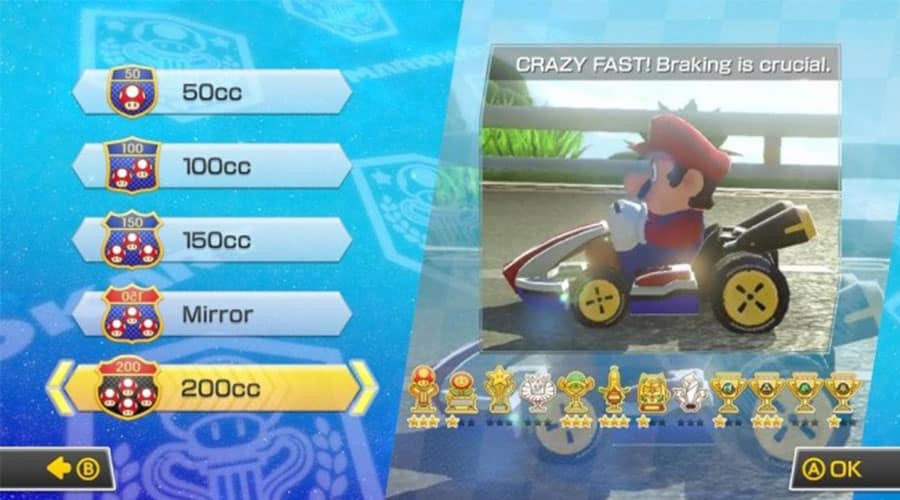 La sélection du mode 200cc dans Mario Kart 8 Deluxe