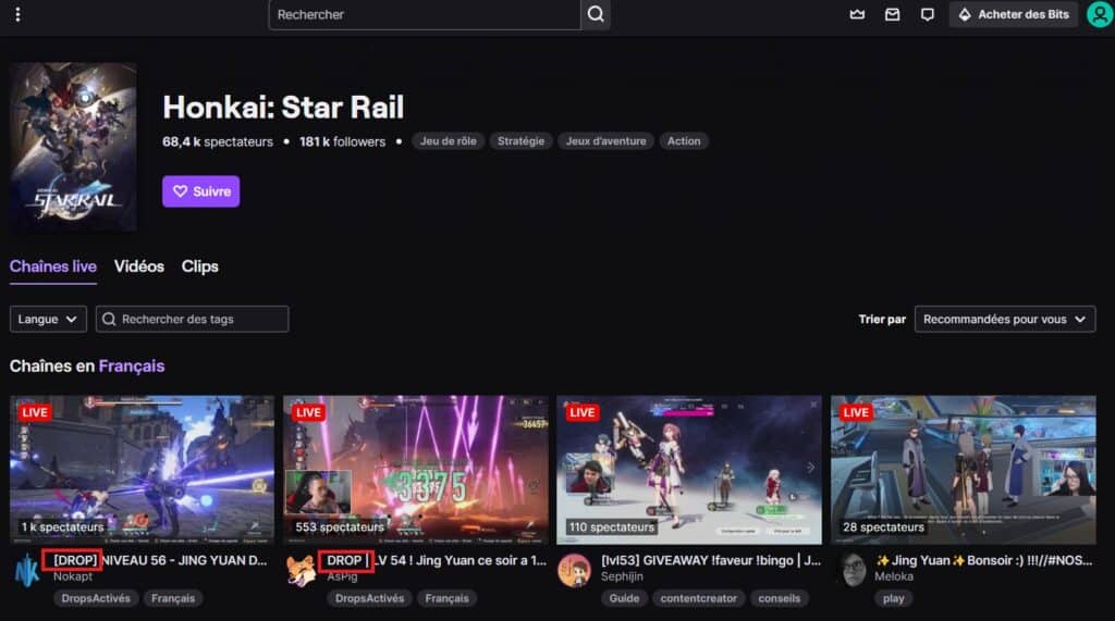 Des chaines avec drops Twitch actifs pour le jeu Honkai Star Rail