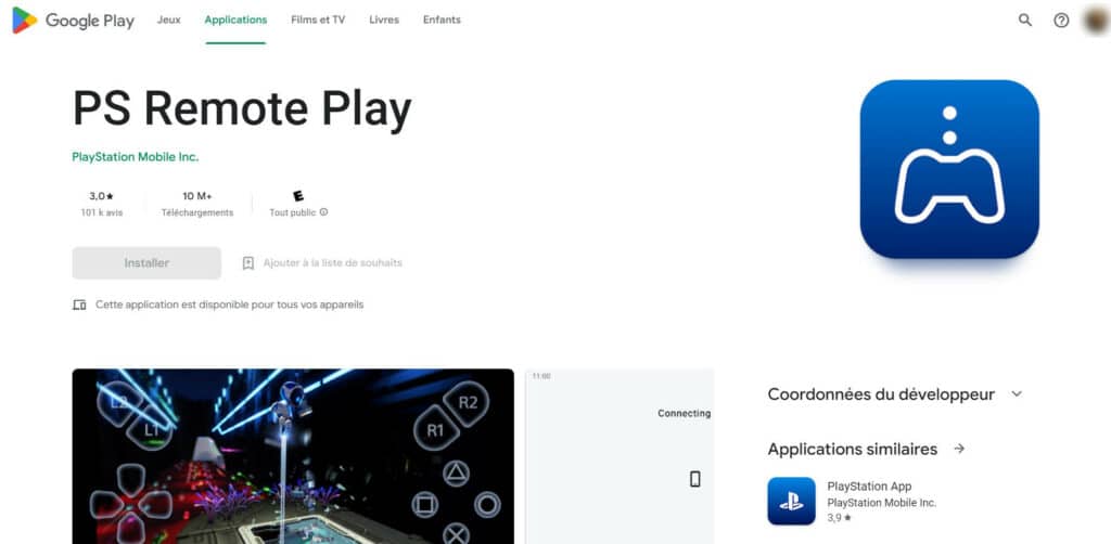 La page de l'application Remote Play sur Android