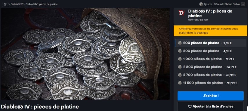 L'achat de Platines en argent réel pour Diablo IV