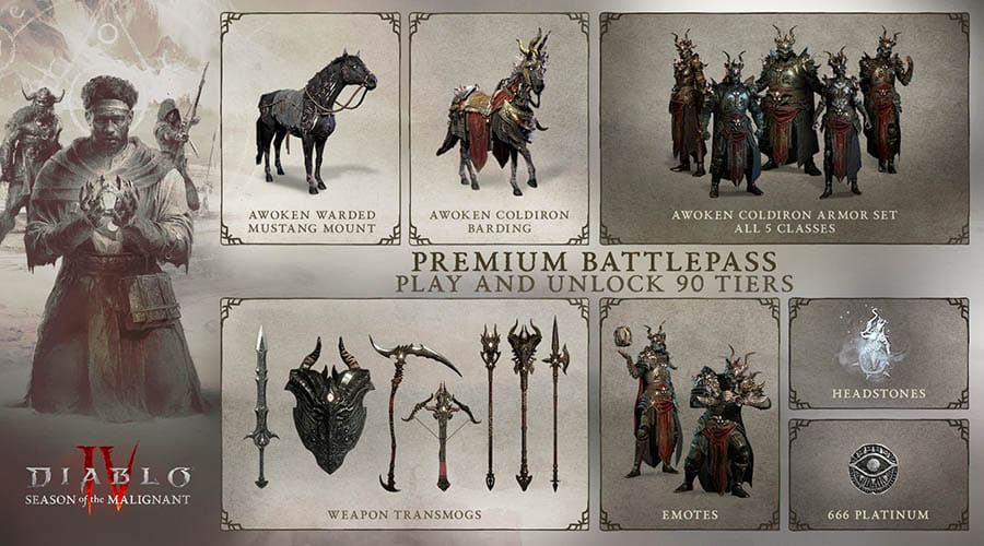Les récompenses cosmétiques récupérables dans le passe de combat Premium de Diablo IV