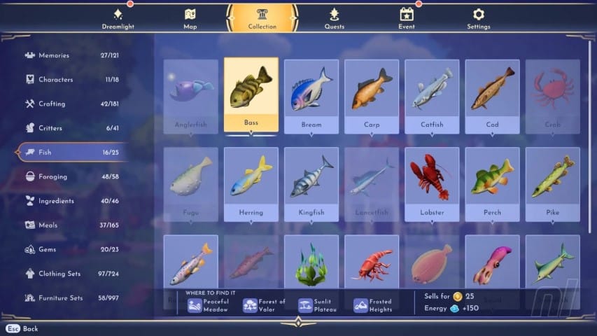 La liste des poissons disponibles dans Dreamlight Valley