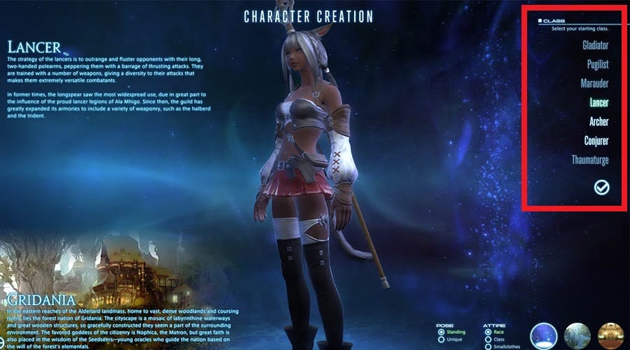 Le choix de la classe à la création d'un personnage dans Final Fantasy XIV