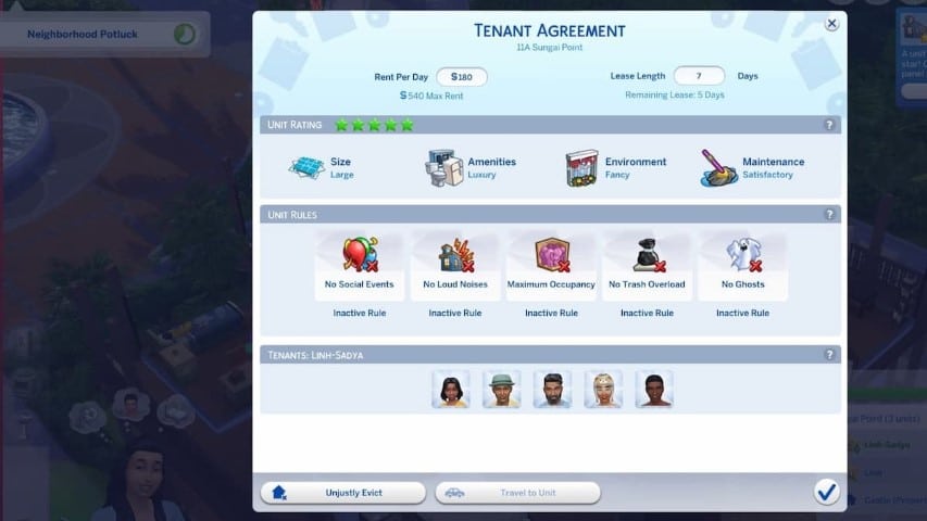 La fenêtre de gestion du bail de location dans Les Sims 4 À Louer