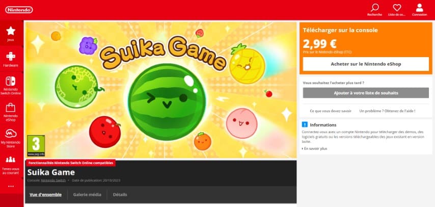 Le prix de Suika Game sur le Nintendo E-shop