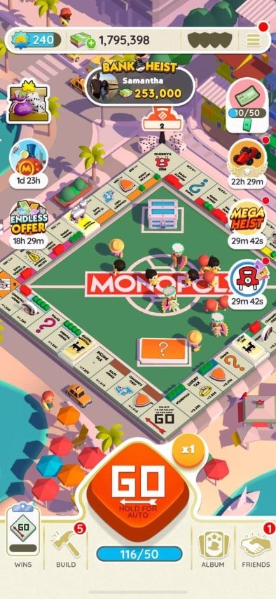 Vue générale du plateau de jeu de Monopoly GO